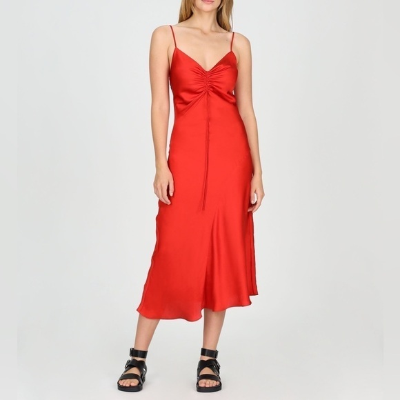 NWT Jason Wu Cinched Front Red Satin Midi Dress Slinky Lingerie Style Sz S - Picture 1 of 12